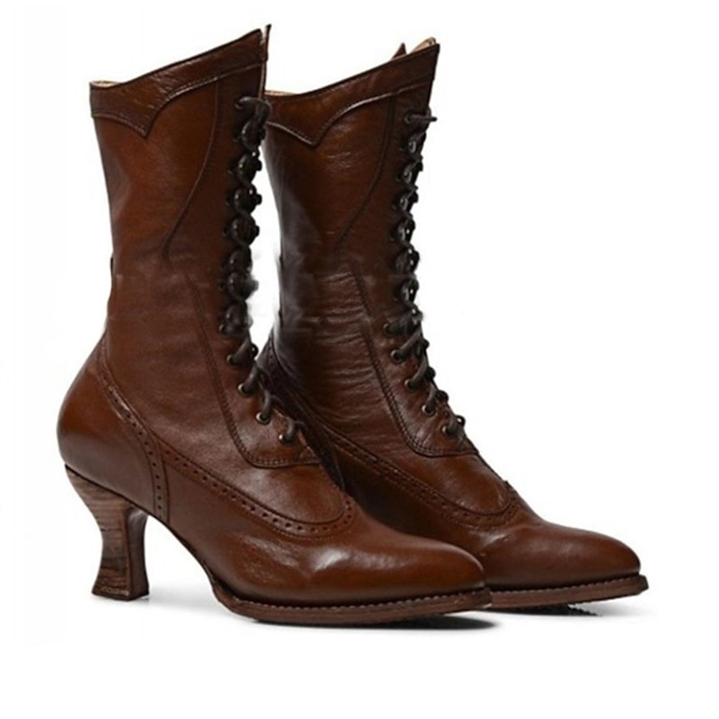 Women's Brown Faux Leather Victorian Lace-Up Boots with Low Heel - Classic and Elegant for Cosplay, Costume Parties, and Vintage-Inspired Outfits3