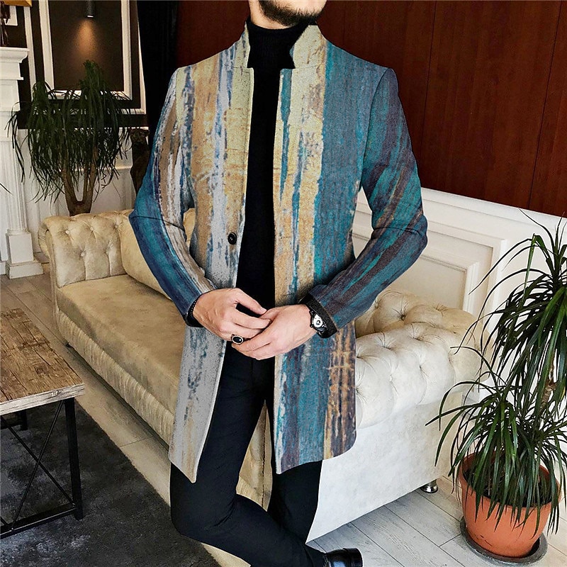 Men's Stripe Geometry Winter Coat Overcoat Coat Warm Comfortable Breathable Fashion Streetwear Business Work Wear to work Going out Pocket Print Fall & Winter Turndown Long Sleeve Black Blue Green2