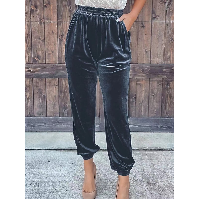 Women's Sweatpants Joggers Velvet Pants Trousers Full Length  Pocket Micro-elastic High Waist Fashion Streetwear Party Dark Brown Black S M Fall & Winter2
