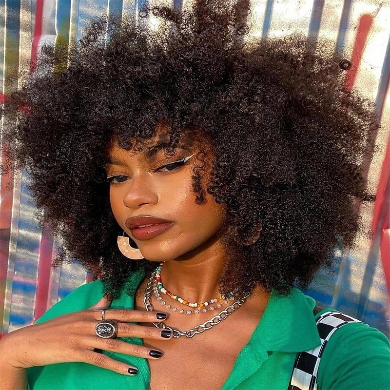 10Inch Short Curly Afro Wigs for Black Women Bomb Afro Kinky Curly Wig with Bangs Synthetic Fiber Full Wig2