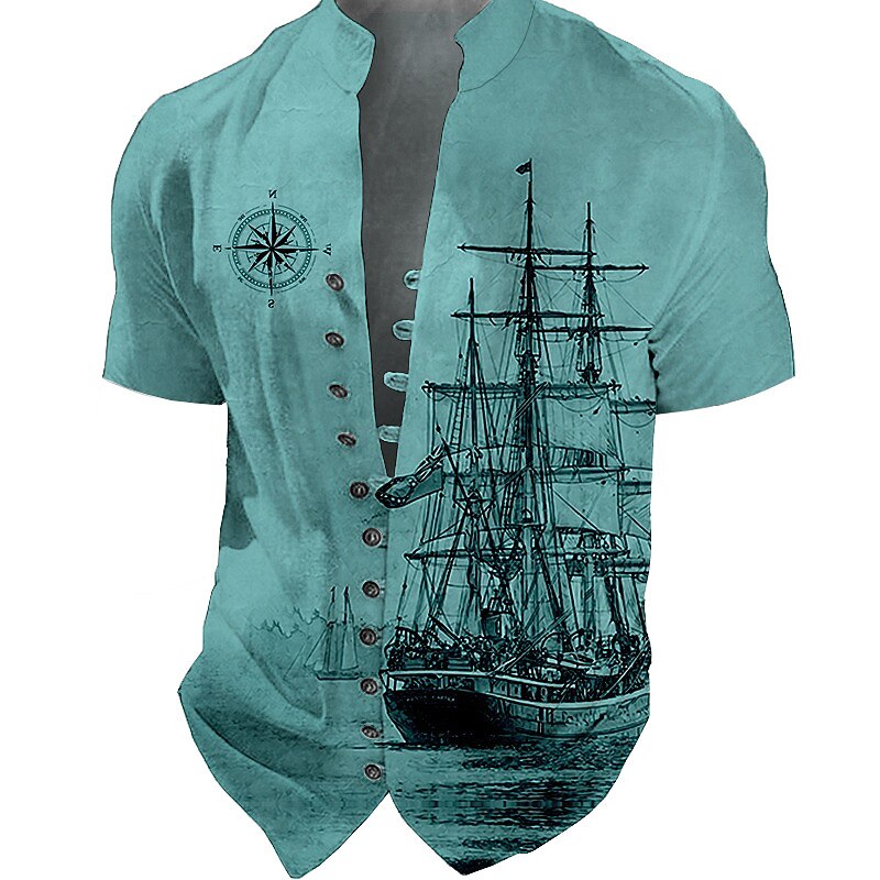 Men's Nautical Vintage Sailboat Shirt Button Up Shirt Short Sleeve Fashion Streetwear Designer Outdoor Vacation Daily Summer Spring Stand Collar Print Blue-Green Black Blue Green Khaki3