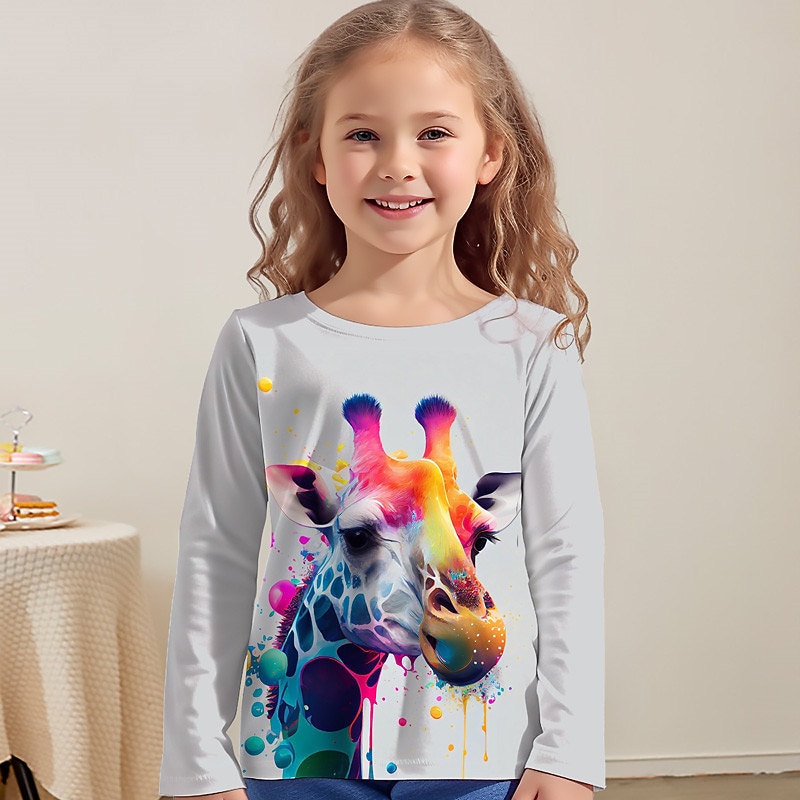 Girls' 3D Graphic Animal Giraffe T shirt Tee Long Sleeve 3D Print Summer Fall Active Fashion Cute Kids 3-12 Years Outdoor Casual Daily Regular Fit4