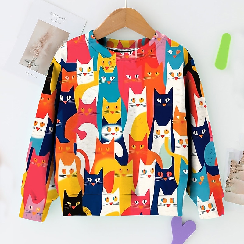 Girls' 3D Graphic Cartoon Cat Sweatshirt Long Sleeve 3D Print Summer Fall Fashion Streetwear Adorable Kids 3-12 Years Outdoor Casual Daily Regular Fit3
