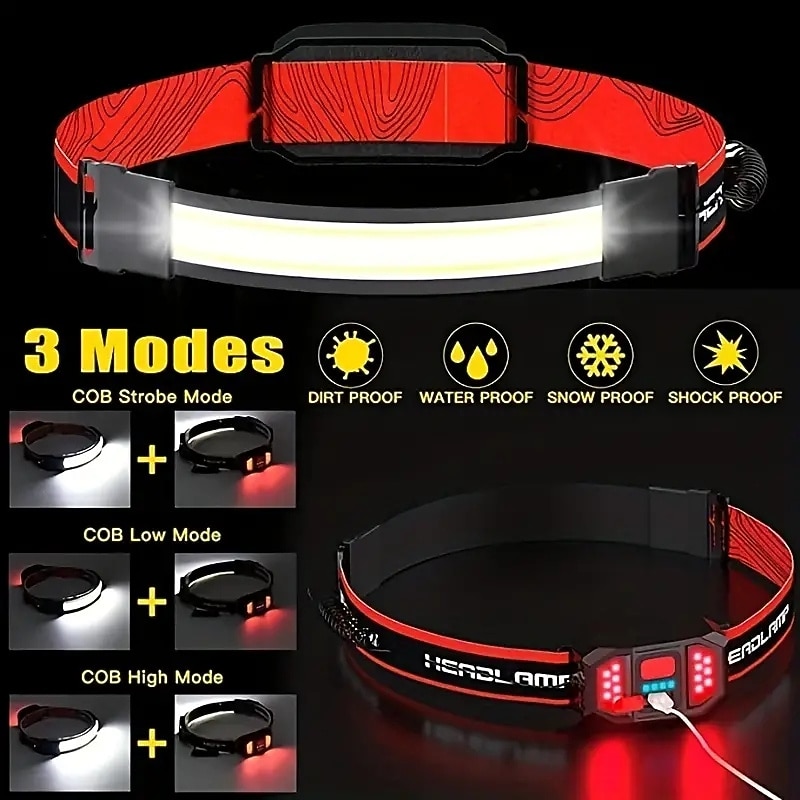 1pc 1000 Lumens USB Rechargeable LED Headlamp with Red Taillight for Outdoor Activities - Lightweight Waterproof and Ideal for Camping Running and Hiking2