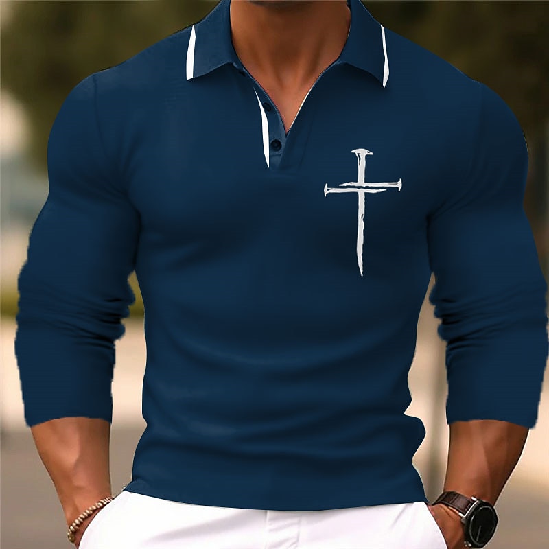 Men's Christian Polo Shirts Golf Shirt Long Sleeve Polo Shirts Collared Shirts Business Casual WorkWear Formal Wear Festival Wear 3D Print Buttons Fall & Winter Black Blue Green2