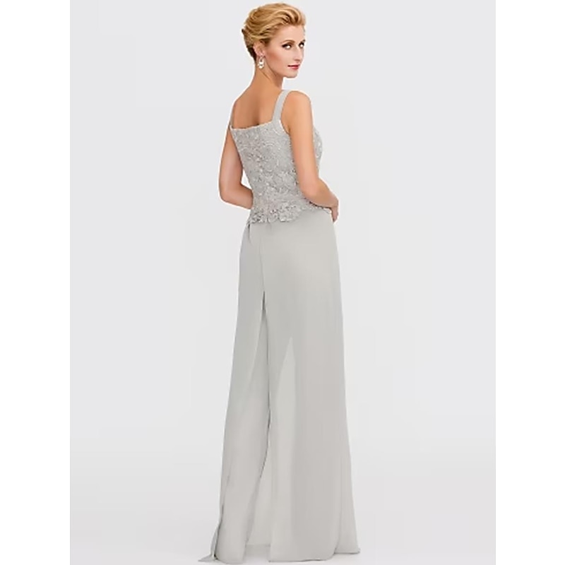 Pantsuit 3 Piece Mother of the Bride Formal Wedding Guest Elegant Wrap Included Square Neck Floor Length Chiffon Lace Sleeveless Wrap Included with Appliques4