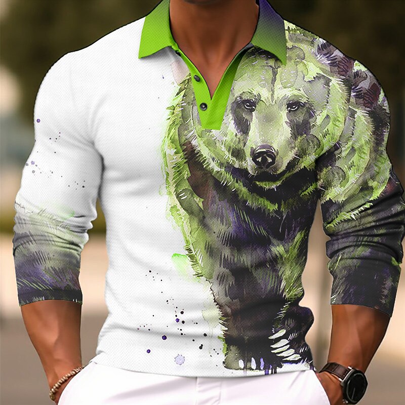 Men's Bear Polo Shirts Golf Shirt Long Sleeve Polo Shirts Collared Shirts Casual Funny Streetwear Vacation Wear Party Outfits 3D Print Buttons Blue-Green Yellow Blue3