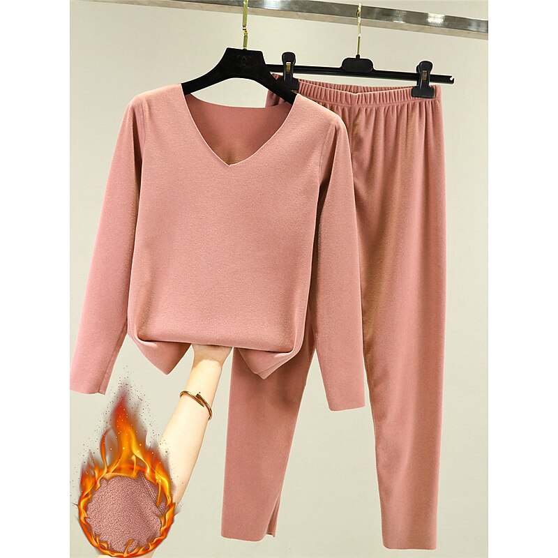 Women's Pajamas Thermal Set Pure Color Fashion Plush Casual Home Daily Bed Acrylic Breathable V Wire Long Sleeve T shirt Tee Pant Fall Winter Home Outfits