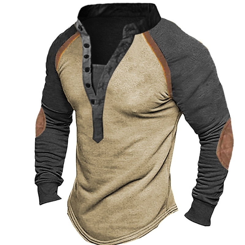 Men's Button T Shirt T Shirt Henley Shirt Tee Top Long Sleeve Henley Spring &  Fall Color Block Fashion Designer Basic Patchwork Vacation Street Going out Green Khaki Gray Top Tee for Men
