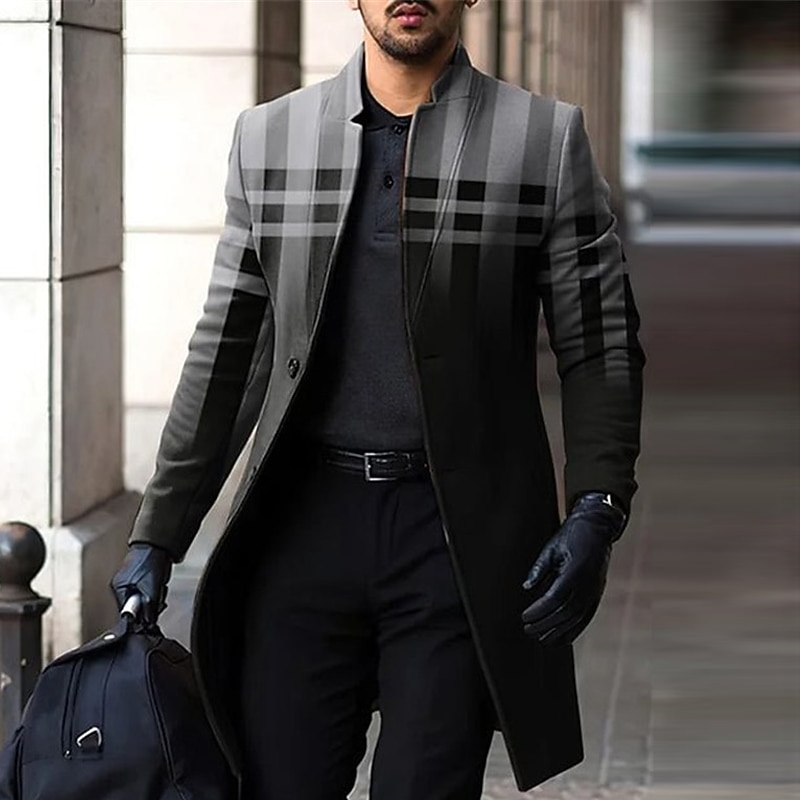 Men's Plaid Gradual Winter Coat Overcoat Coat Warm Comfortable Breathable Fashion Streetwear Business Work Wear to work Going out Pocket Print Fall & Winter Turndown Long Sleeve Gray