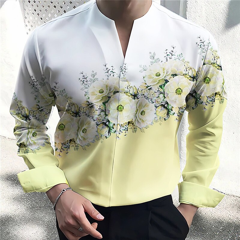 Men's Floral Shirt Button Up Shirt Long Sleeve Fashion Streetwear Designer Outdoor Casual Daily Summer Fall V Neck Print Yellow Pink Blue Purple Gray2