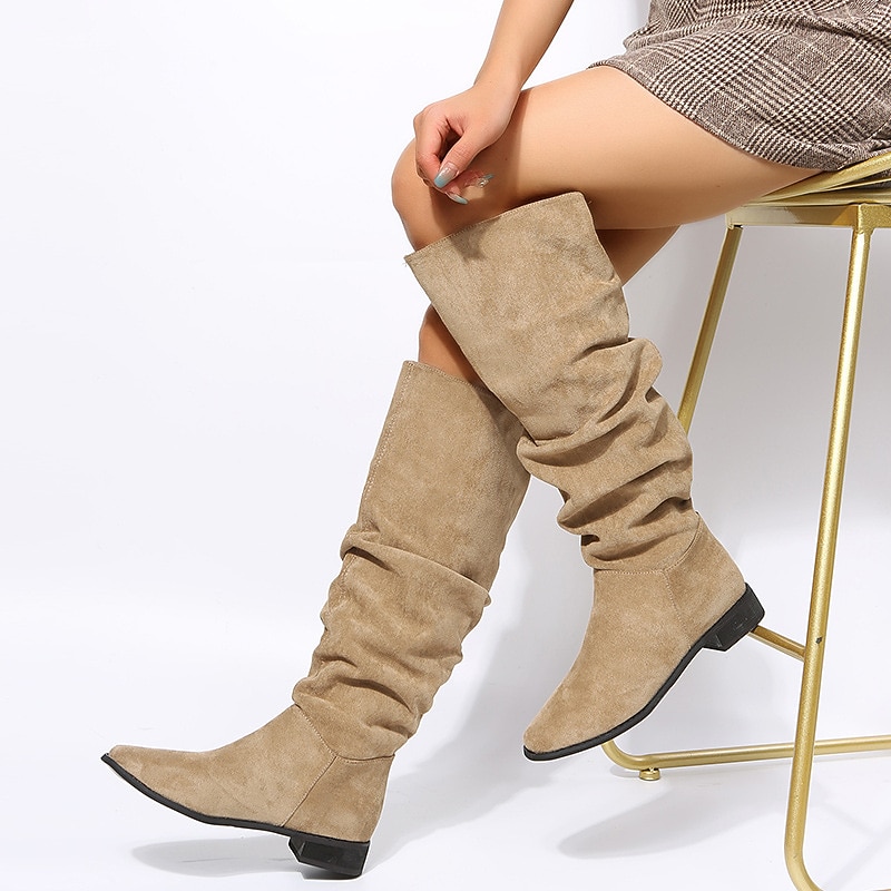 Women's Tan Slouchy Knee-High Boots with Low Heel - Casual Suede Western Style for Everyday Wear