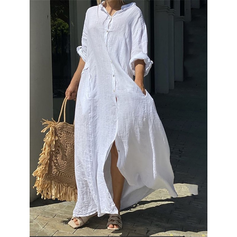 Women's Black White Yellow Summer Spring Fall Maxi Dress White Dress Cotton Linen Dresses Shirt Dress Classic Casual Vacation Daily Loose Fit Plain Shirt Collar