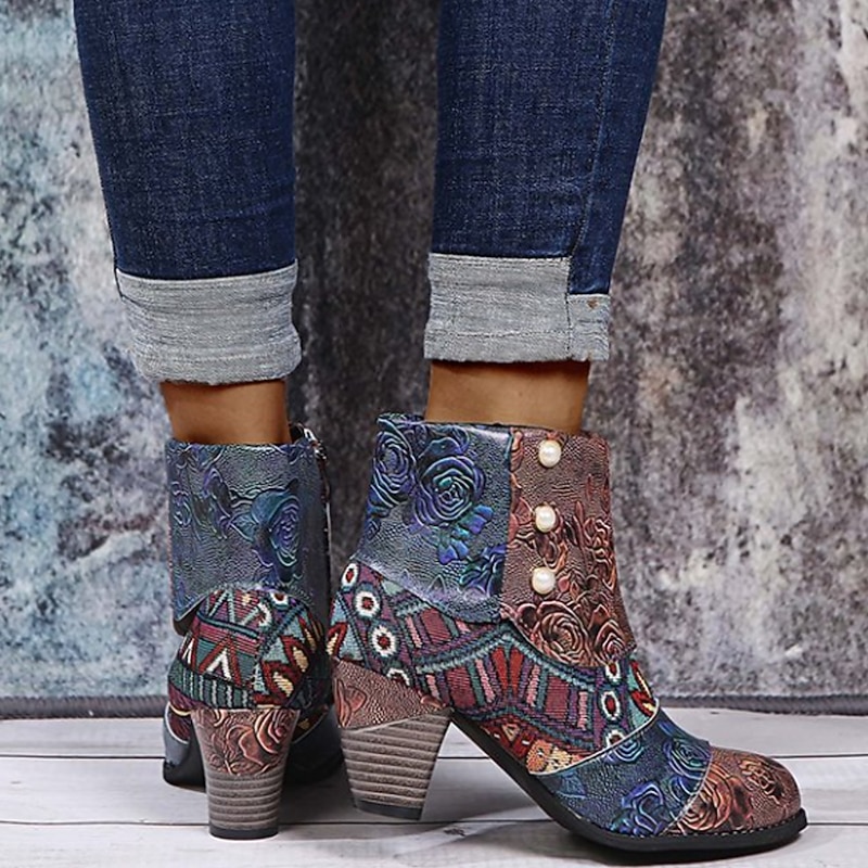 Bohemian Floral Embossed Ankle Boots for Women, Retro Ethnic Style Block Heel Short Boots with Zipper & Pearl Button Details - Perfect for Casual Outings, Festivals, and Vintage-Inspired Events3