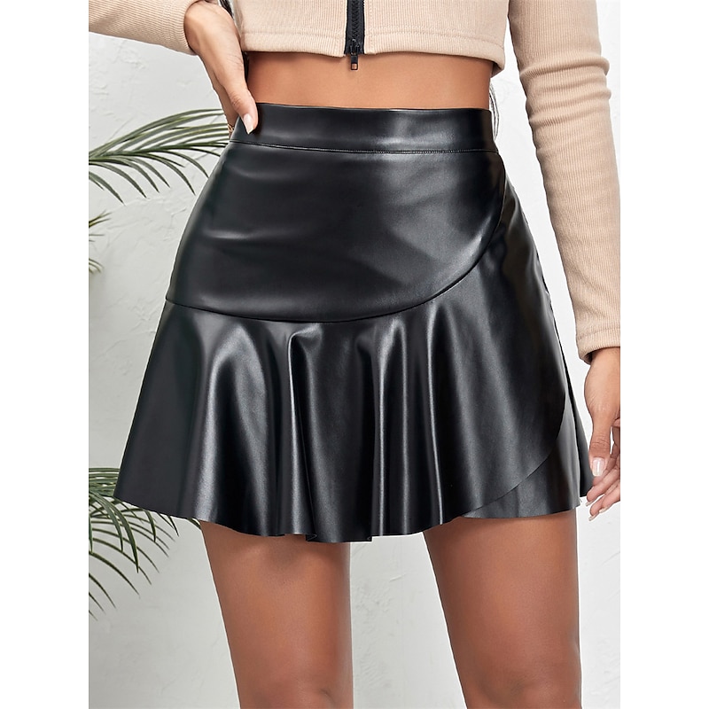 Women's Skirt A Line Fashion Sexy Mini High Waist Skirts Solid Colored Ruffle Street Daily Black Brown Summer Faux Leather Leather