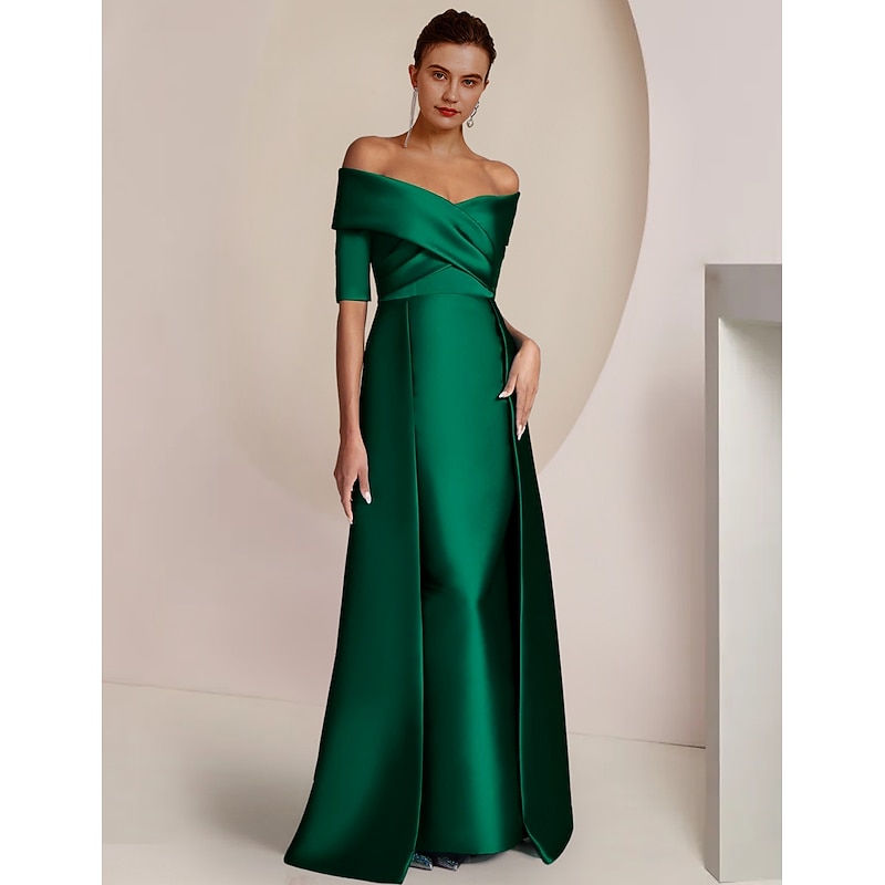 Sheath Mother of the Bride Dress Formal Wedding Guest Elegant Party Off Shoulder Floor Length Satin Half Sleeve with Ruching4