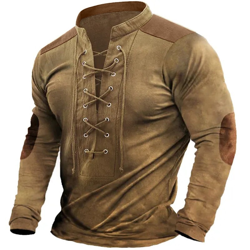 Men's Henley Shirt Tee Top Long Sleeve Henley Summer Patchwork Fashion Designer Basic Lace up Vacation Street Going out Black Blue Brown Top Tee for Men3