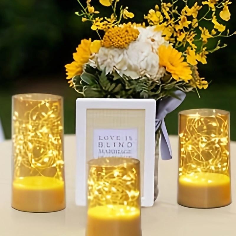 3pcs/Set Acylinder Flameless Candles With Remote, Embedded String Lights & Timer - Perfect for Halloween Decor & Home Decor2