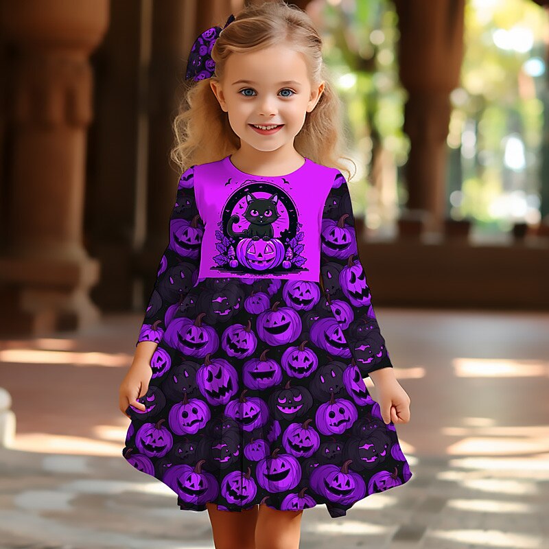 Halloween Girls' 3D Graphic Pumpkin Dress Long Sleeve 3D Print Summer Fall Halloween Holiday Vacation Cute Casual Beautiful Kids 3-12 Years Casual Dress A Line Dress Above Knee Polyester Regular Fit2