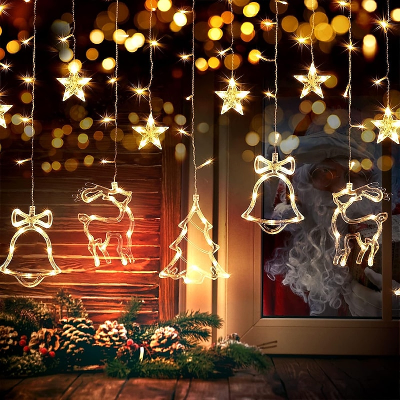 Solar Remote Control Christmas Curtain Light 3.5m Outdoor Waterproof Elk Bell Christmas Curtain String Lights Bedroom Window Balcony Garden Party Garland Light Outdoor Camping New Year Xmas Decor2