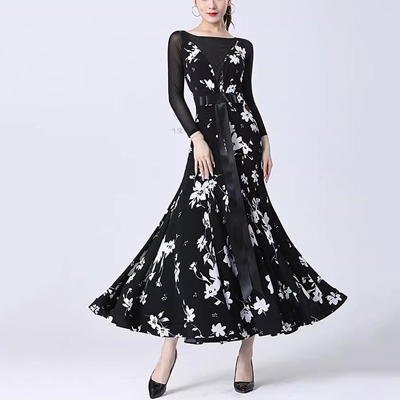 Ballroom Dance Dress Printing Splicing Women's Performance Party Long Sleeve Crystal Cotton Mesh