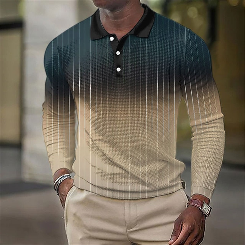 Men's Geometric Waffle Polo Shirts Golf Shirt Long Sleeve Polo Shirts Collared Shirts Business Casual Vacation Wear Formal Wear Festival Wear Buttons 3D Print Blue Green Khaki - Main Image