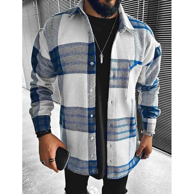 Men's Shirt Flannel Shirt Plaid Shirt Button Up Shirt Overshirt Shacket Plaid / Check Outdoor Daily Wear Blue Long Sleeve Lapel Spring &  Fall Clothing Apparel Front Pocket