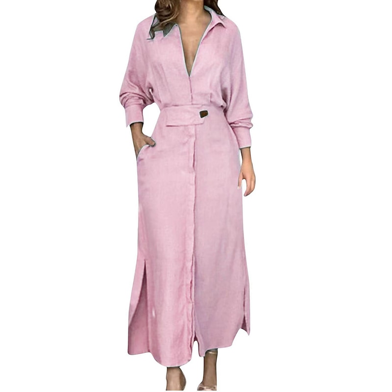 Women's Shirt Dress Long Dress Maxi Dress Pocket Split Daily Date Vacation Active Fashion Shirt Collar Long Sleeve Black White Pink Color3