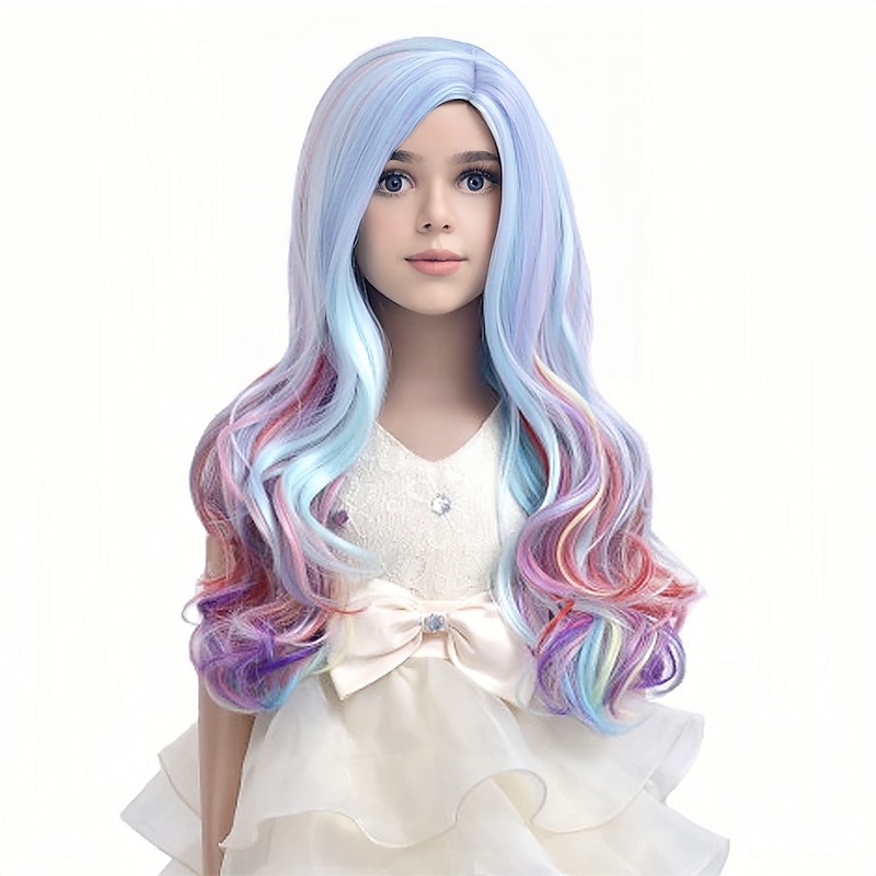Child Kids Rainbow Wigs Long Curly Wavy Colorful Wig Multicolor Wig for Girls Synthetic Cosplay Party Halloween Wigs with Wig