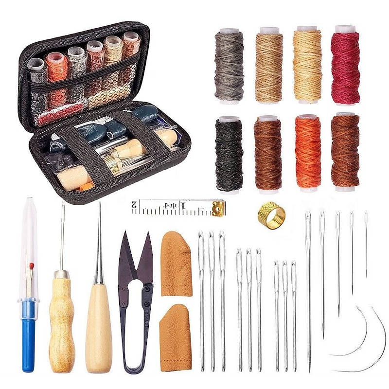 Leather Repair Sewing Kits, Leather Working Tools with Pro Waxed Thread, Large Eye Hand Sewing Needles, Versatile Awl, Heavy Duty Sewing Kit for Car, Upholstery, Vinyl, Canvas, Craft2