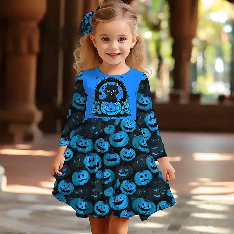 Halloween Girls' 3D Graphic Pumpkin Dress Long Sleeve 3D Print Summer Fall Halloween Holiday Vacation Cute Casual Beautiful Kids 3-12 Years Casual Dress A Line Dress Above Knee Polyester Regular Fit4