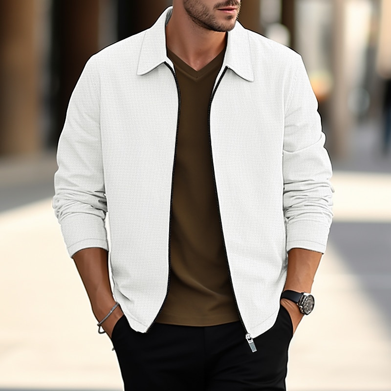 Men's Shirt Jacket Overshirts Transition Jacket Daily Wear Lightweight Pocket Spring Plain Streetwear Lapel Regular Waffle Fabric Black White Blue Khaki Gray Jacket2