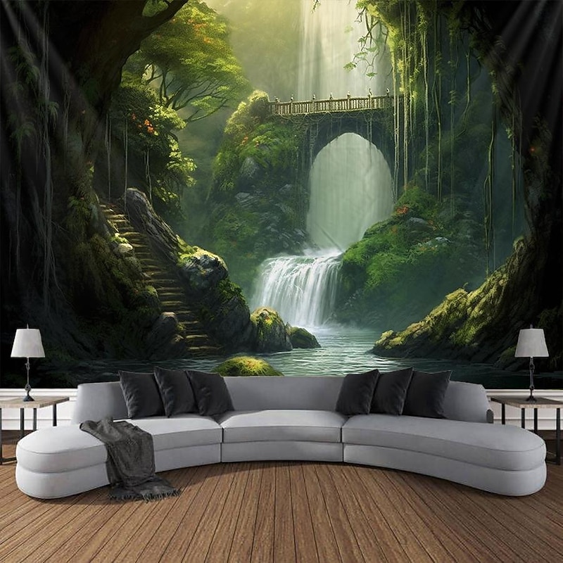Fairytale Castle Hanging Tapestry Waterfall Wall Art Large Tapestry Mural Decor Photograph Backdrop Blanket Curtain Home Bedroom Living Room Decoration3