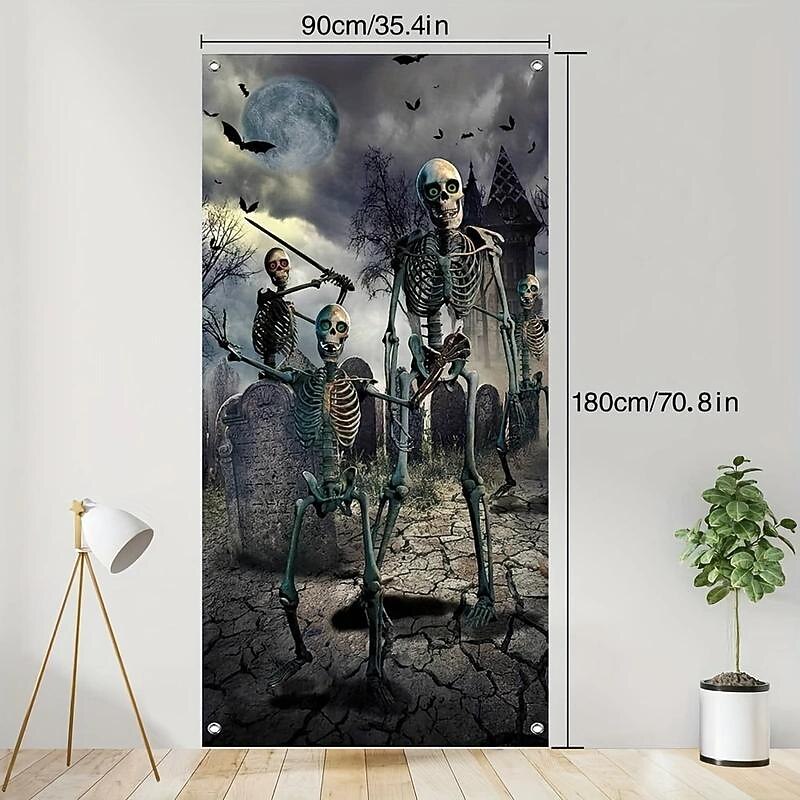 Halloween Tapestry Door Cover Skeleton Bone Backdrop Halloween Wall Decoration Front Door or Indoor Home Decor Halloween Party Decorations 1 Piece Halloween Decorations3