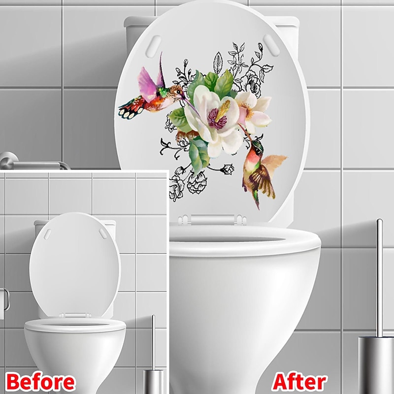 Birds Flowers Toilet Seat Lid Stickers Self-Adhesive Bathroom Wall Sticker Floral Birds Butterfly Toilet Seat Decals DIY Removable Waterproof Toilet Sticker for Bathroom Cistern Decor4