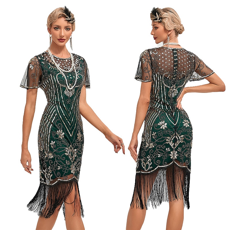 Roaring 20s Vintage Inspired The Great Gatsby Short Length Outfits Party Costume Masquerade Illusion Sleeve The Great Gatsby Wedding Guest Sequins Tassel Fringe Sequin Tassel Round Neck Fancy Dress2