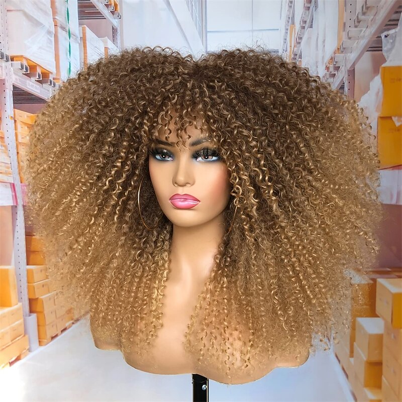 18Inch Long Curly Wig With Bangs for Black Women Afro Bomb Kinky Curly Wig Fluffy and Soft Synthetic Hair4