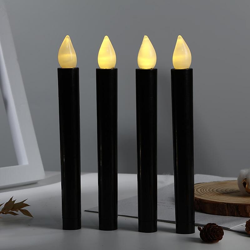 4 Packs Black Flemeless LED Taper Candles Flickering Light Real Wax Halloween Theme Party Decoration LED Candlestick