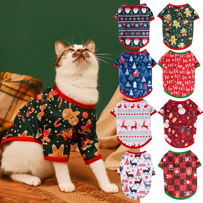 New Pet Christmas T-shirt Thin Printed Gingerbread Man Snowflake Deer Bixiong Cat Dog Clothes