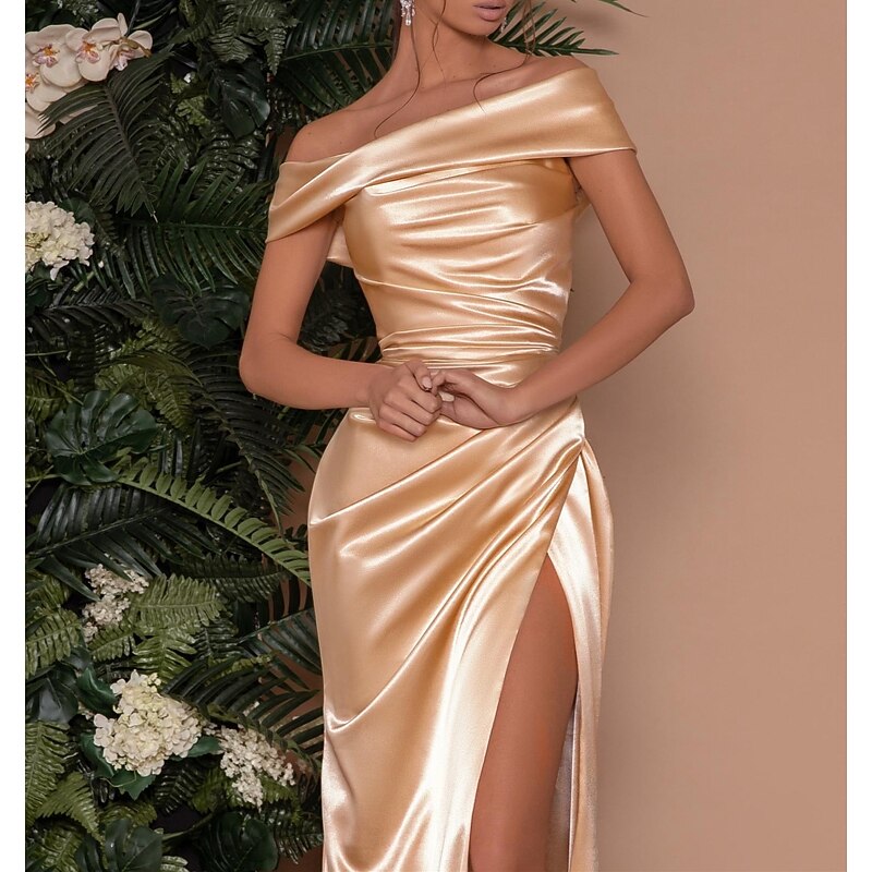 Gold Mermaid Evening Gown Sexy Dress Formal Wedding Guest Sweep / Brush Train Sleeveless Off Shoulder Satin with Ruched Slit3
