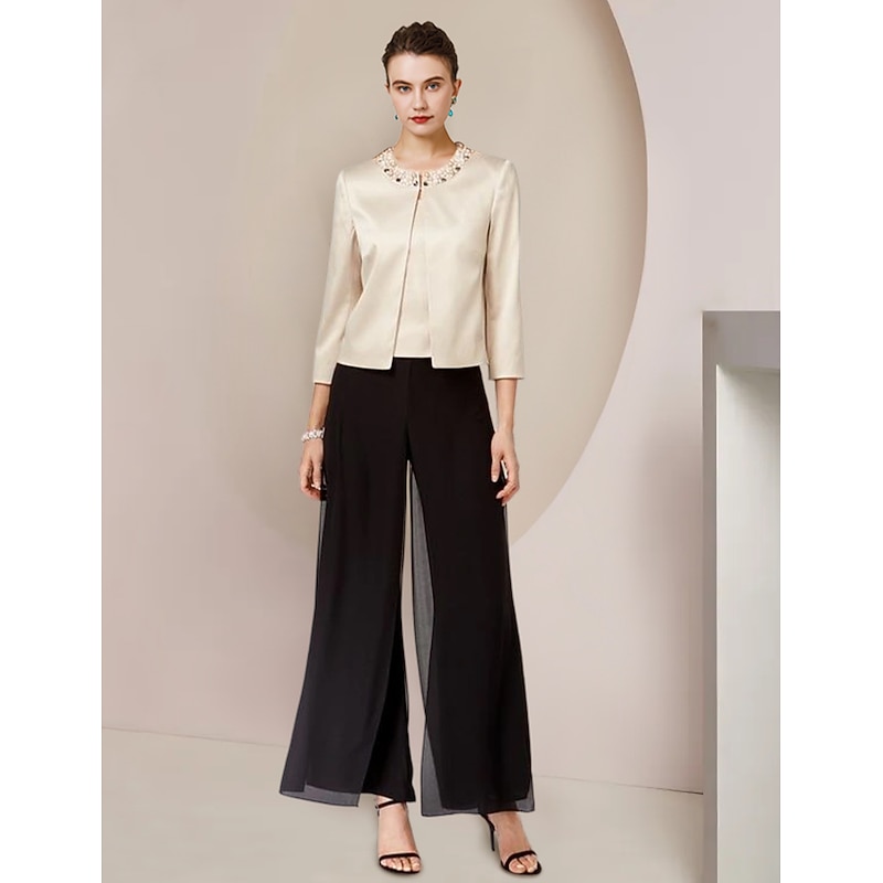 Pantsuit 3 Piece Mother of the Bride  Formal Wedding Guest Elegant Party Scoop Neck Floor Length Chiffon Satin Half Sleeve Wrap with Beading Split Front