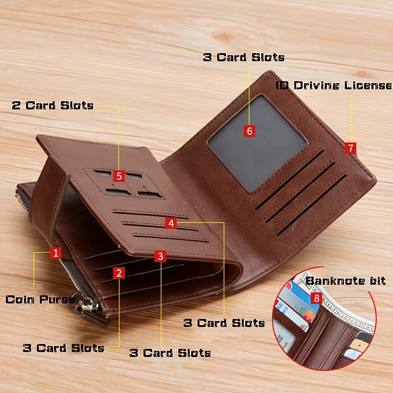 Men's Vintage Faux Leather Wallet - Bifold with Zipper, Multi-Card Slots, RFID Blocking, and Secure Snap Closure3