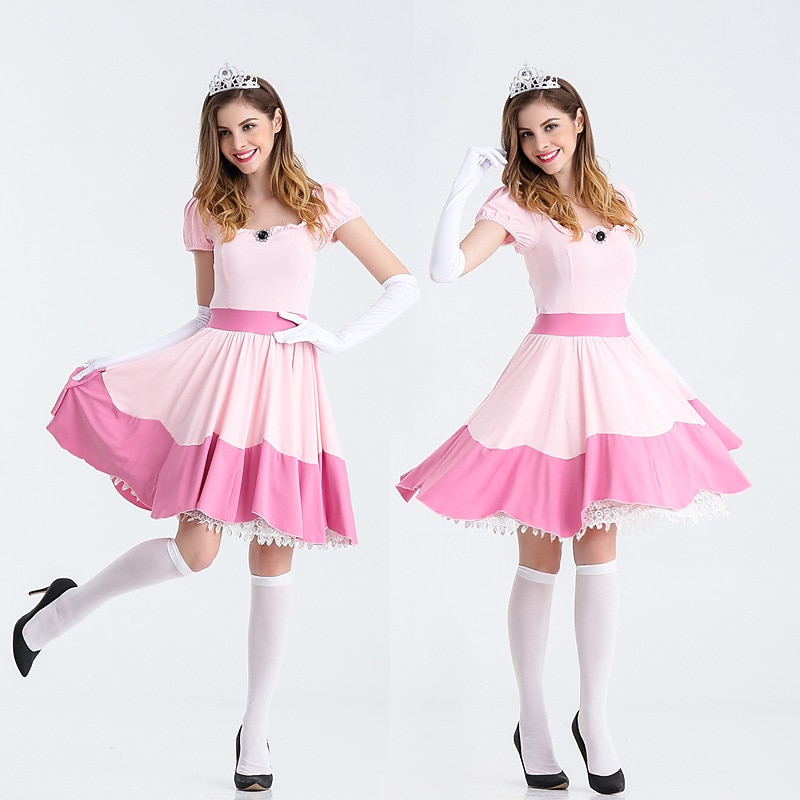 Princess Peach Cosplay Costume 3 PCS Super Bros Dress Tiara Gloves Adults' Women's Outfits Sexy Costume Halloween Masquerade Easy Halloween Costumes