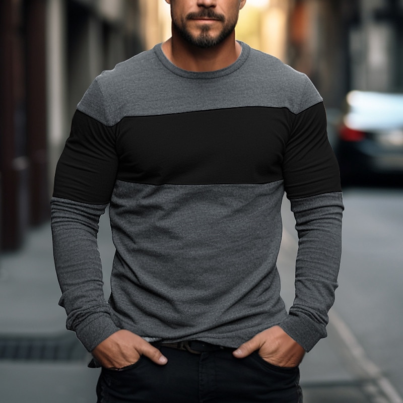 Men's T Shirt Tee Top Long Sleeve Shirt Long Sleeve Crew Neck Spring &  Fall Color Block Fashion Designer Basic Patchwork Vacation Street Going out Black Red Light Grey Top Tee for Men4