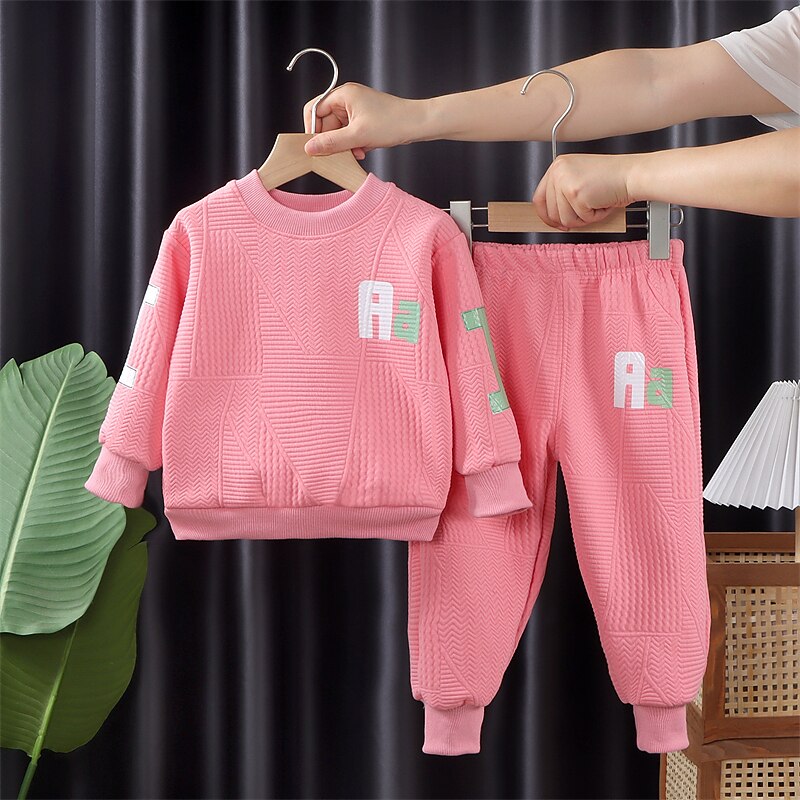 2 Pieces Kids Boys Hoodie & Sweatpants Set Clothing Set Outfit Letter Long Sleeve Crewneck Set School Sports Fashion Daily Fall Winter 7-13 Years Pink Blue Gray4