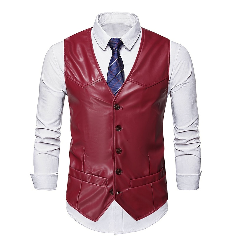 Men's Vest Leather Vest Birthday Party Casual Daily Traditional / Classic All Seasons Faux Leather Lightweight Solid / Plain Color Single Breasted Collarless Slim Fit claret Black Brown Vest3