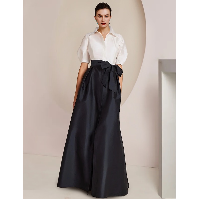 A-Line Mother of the Bride Dress Formal Wedding Guest Elegant Party Shirt Collar Floor Length Taffeta Short Sleeve with Bow(s) Color Block