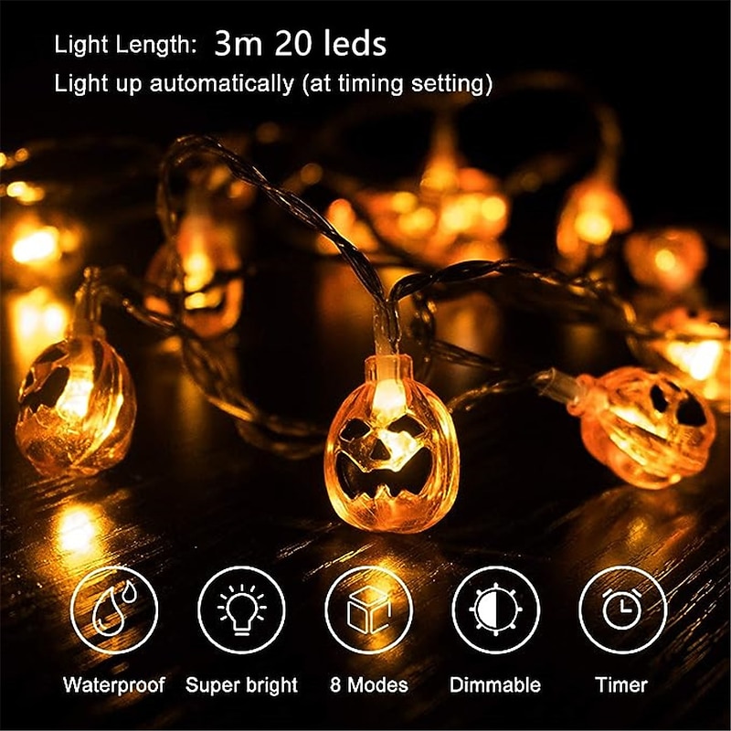 Halloween Decorations Orange Pumpkin Lights 3m 20 LED String Lights Waterproof Dimmable 8 Modes with Remote Operated Jack O Lantern Halloween Party Decoration for Indoor Outdoor4