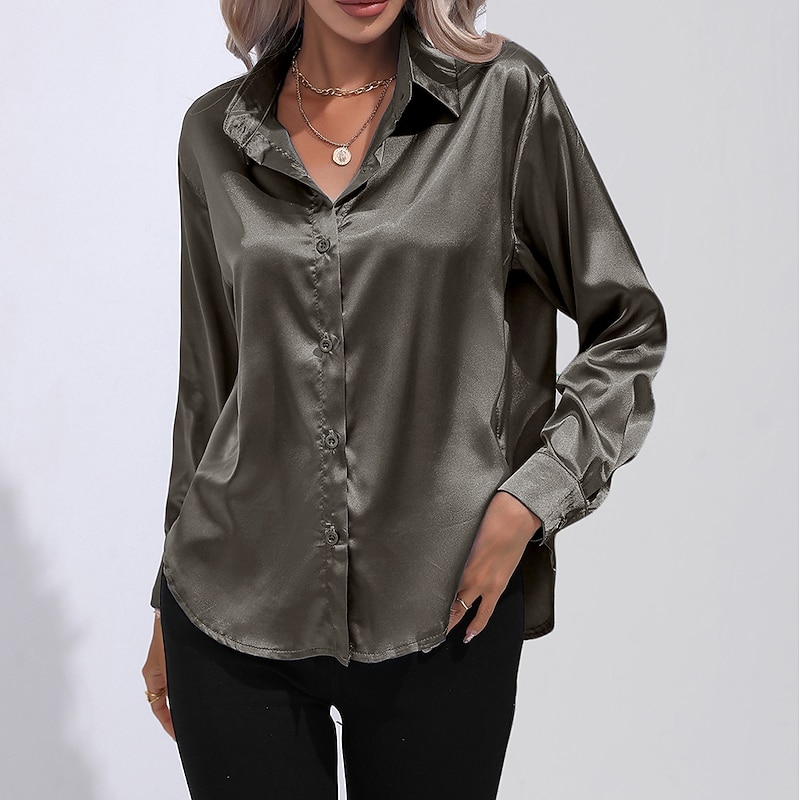 Women's Satin Elegant Dressy Shirt Blouse Women's White Blue Brown Solid Color Button Daily Daily Basic Neon & Bright Shirt Collar Regular Fit M / M4
