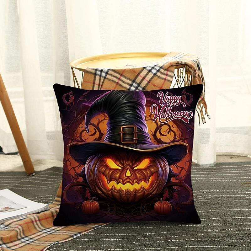 Halloween Double Side Pillow Cover 4PC Jack O Lantern Soft Decorative Square Cushion Case Pillowcase for Bedroom Livingroom Sofa Couch Chair Castle Witch Pumpkin Ghost Bats Decorations3